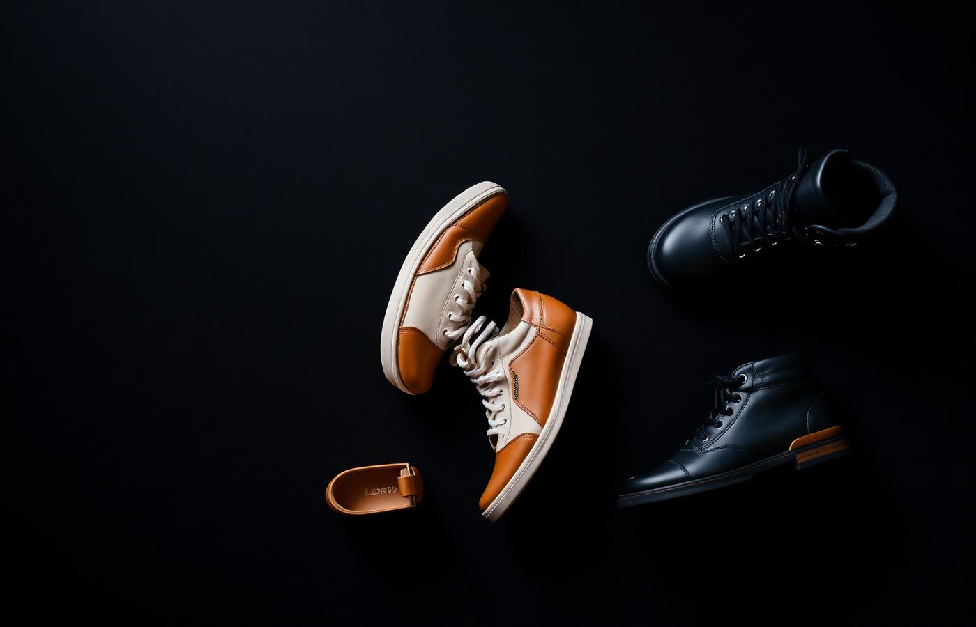 Collection of sneakers, loafers and boots on a black surface